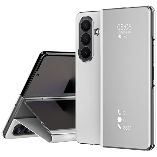 For Samsung Galaxy Z Fold7 5G Case Electroplating View Window Stand Leather Phone Cover - Silver