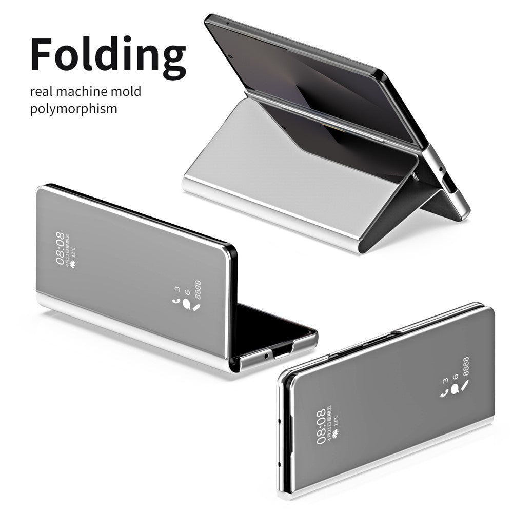 For Samsung Galaxy Z Fold7 5G Case Electroplating View Window Stand Leather Phone Cover - Silver