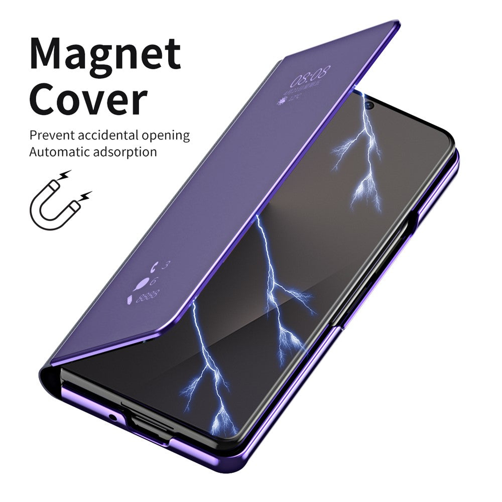For Samsung Galaxy Z Fold7 5G Case Electroplating View Window Stand Leather Phone Cover - Purple