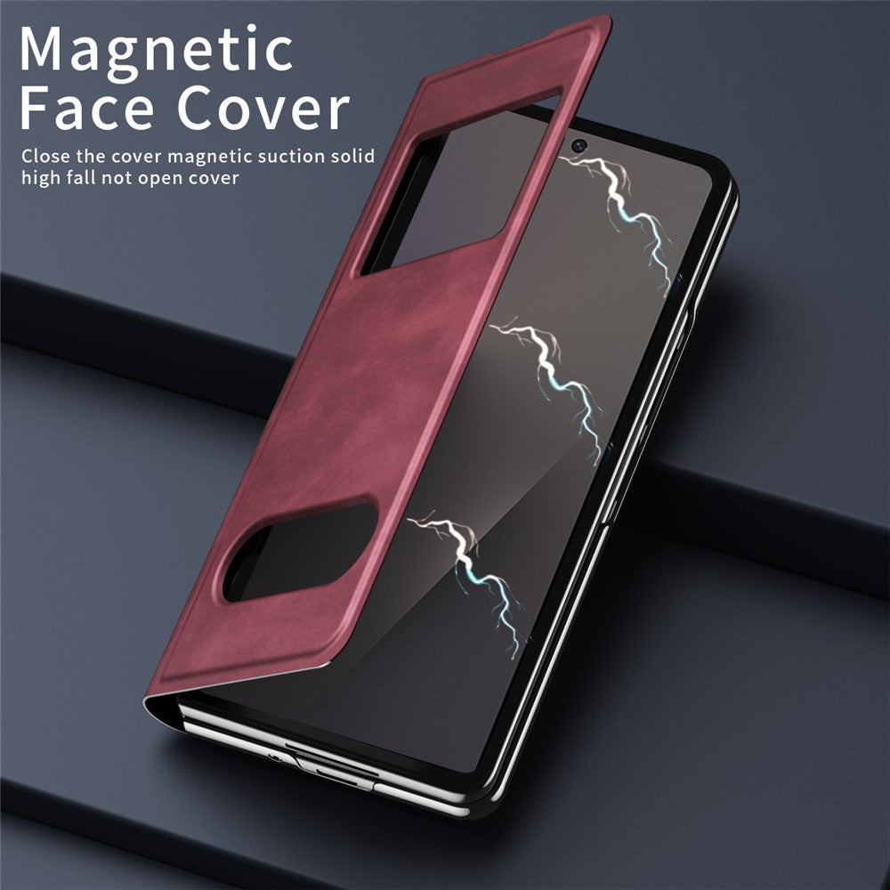 For Samsung Galaxy Z Fold7 5G Case View Window PU Leather Phone Cover - Red