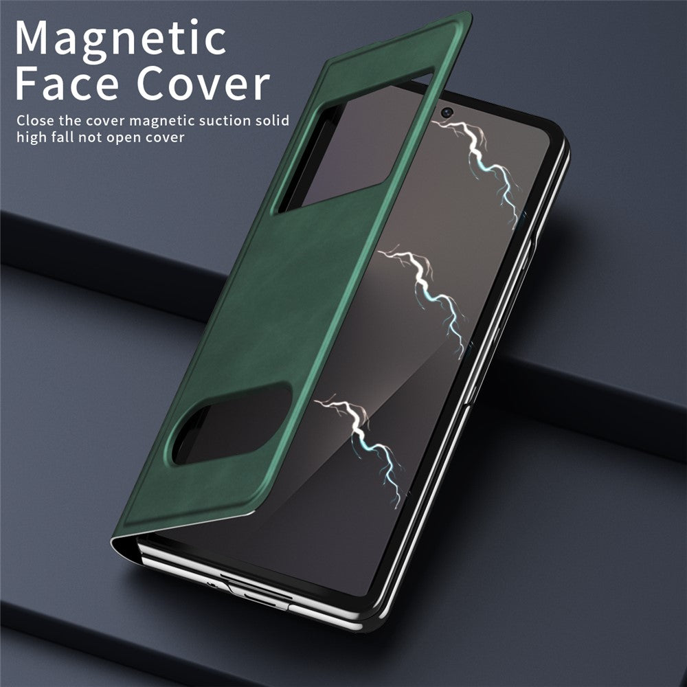For Samsung Galaxy Z Fold7 5G Case View Window PU Leather Phone Cover - Green
