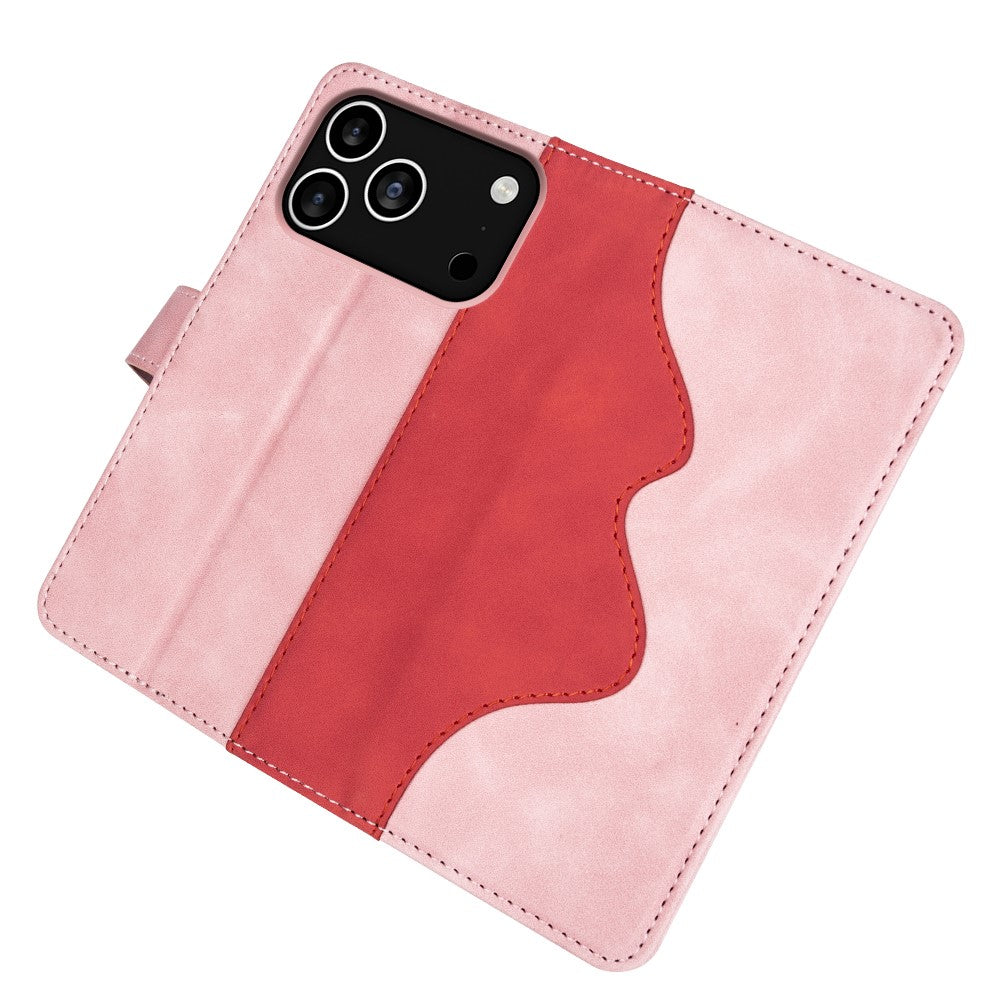 For iPhone 17 Pro Max Wallet Case Leather Phone Cover Splicing Color - Pink