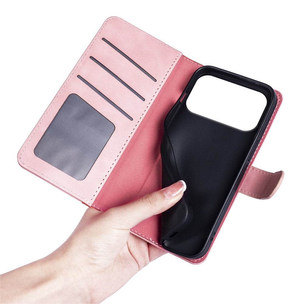 For iPhone 17 Pro Max Wallet Case Leather Phone Cover Splicing Color - Pink