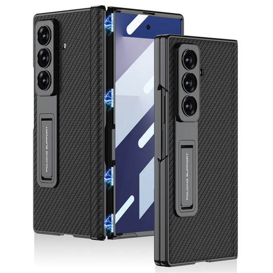 GKK For Samsung Galaxy Z Fold7 5G Case with Kickstand PU PC Tempered Glass Protective Phone Cover - Carbon Fiber Texture