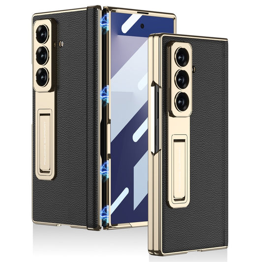 GKK For Samsung Galaxy Z Fold7 5G Case with Kickstand PU PC Tempered Glass Protective Phone Cover - Black  /  Gold