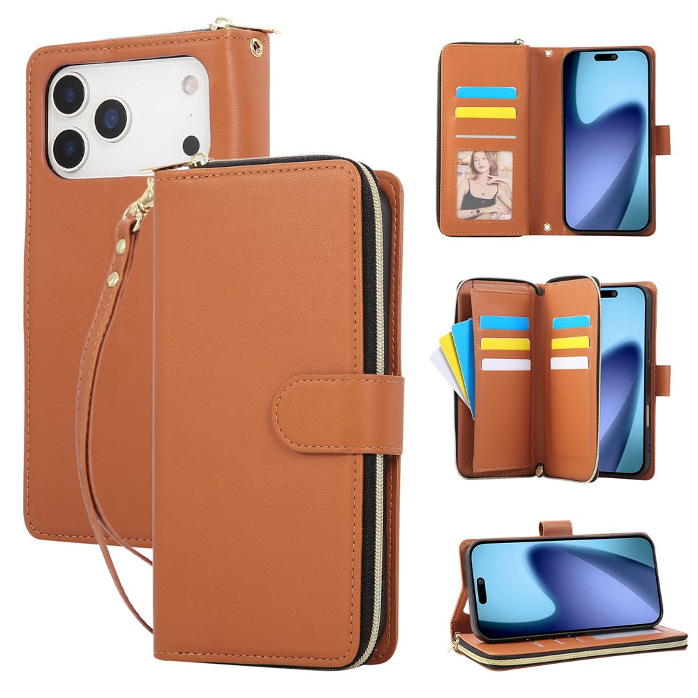 For iPhone 17 Pro Max Case 9 Card Slots Zipper Pocket PU Leather Cover with Wrist Strap - Brown