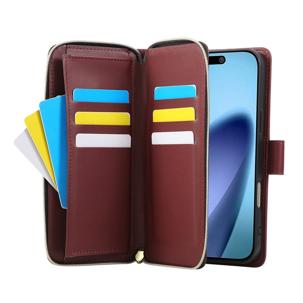 For iPhone 17 Pro Max Case 9 Card Slots Zipper Pocket PU Leather Cover with Wrist Strap - Wine Red