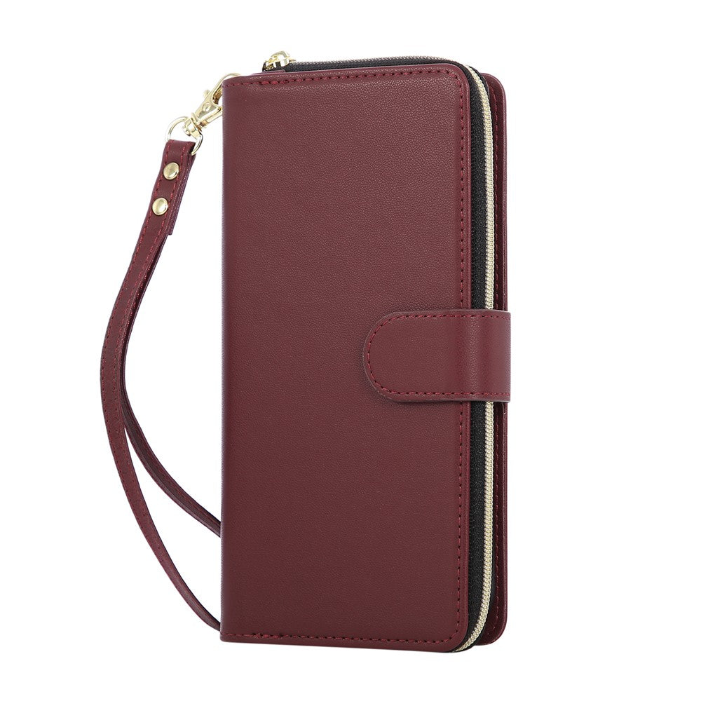 For iPhone 17 Pro Max Case 9 Card Slots Zipper Pocket PU Leather Cover with Wrist Strap - Wine Red