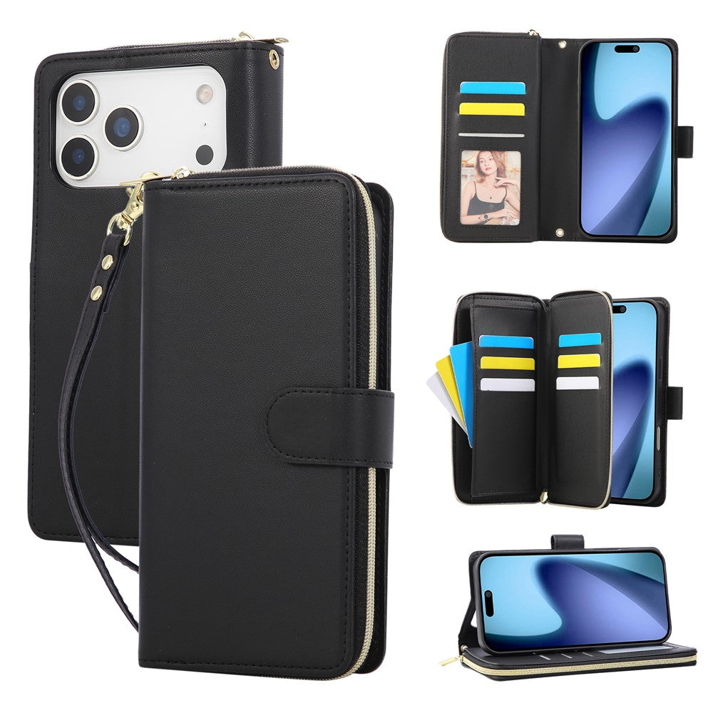 For iPhone 17 Pro Max Case 9 Card Slots Zipper Pocket PU Leather Cover with Wrist Strap - Black