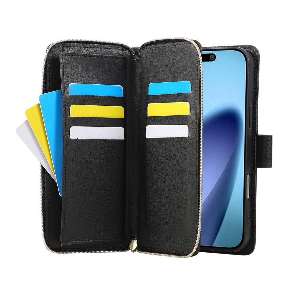 For iPhone 17 Pro Max Case 9 Card Slots Zipper Pocket PU Leather Cover with Wrist Strap - Black