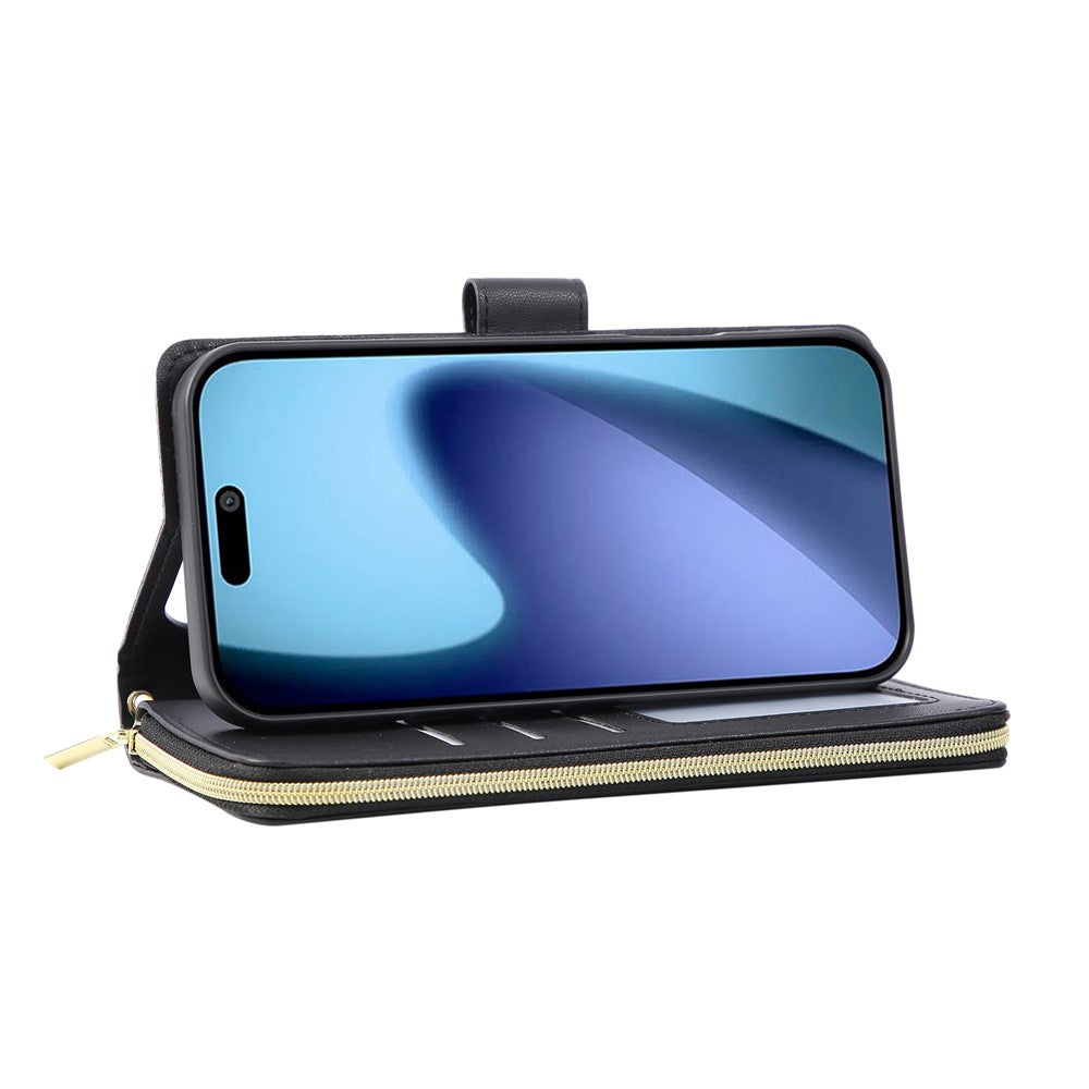 For iPhone 17 Pro Max Case 9 Card Slots Zipper Pocket PU Leather Cover with Wrist Strap - Black