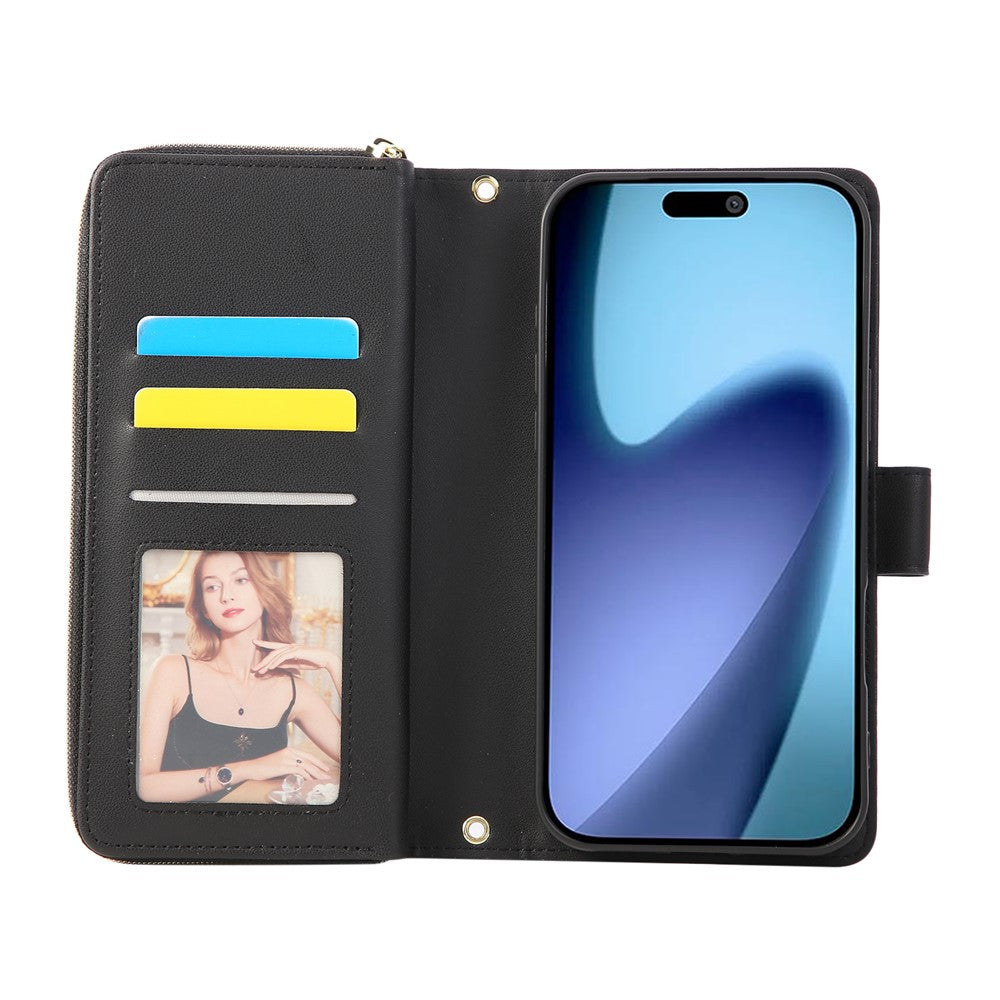 For iPhone 17 Pro Max Case 9 Card Slots Zipper Pocket PU Leather Cover with Wrist Strap - Black