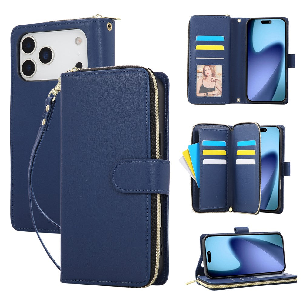 For iPhone 17 Pro Max Case 9 Card Slots Zipper Pocket PU Leather Cover with Wrist Strap - Blue