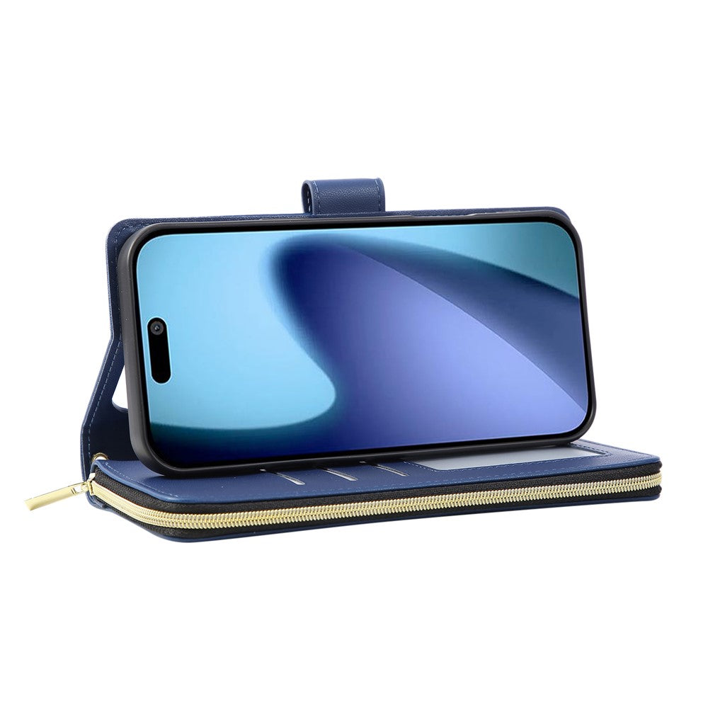 For iPhone 17 Pro Max Case 9 Card Slots Zipper Pocket PU Leather Cover with Wrist Strap - Blue