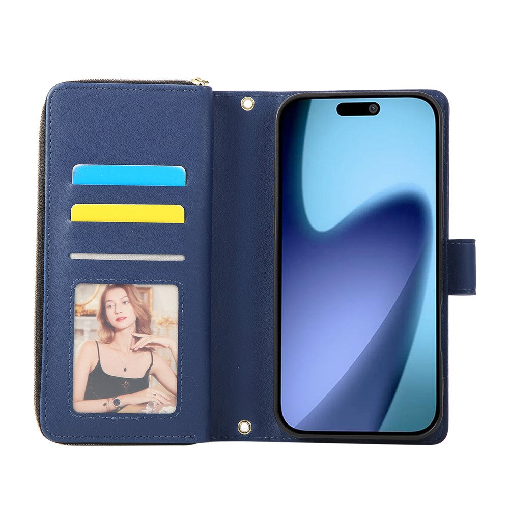 For iPhone 17 Pro Max Case 9 Card Slots Zipper Pocket PU Leather Cover with Wrist Strap - Blue