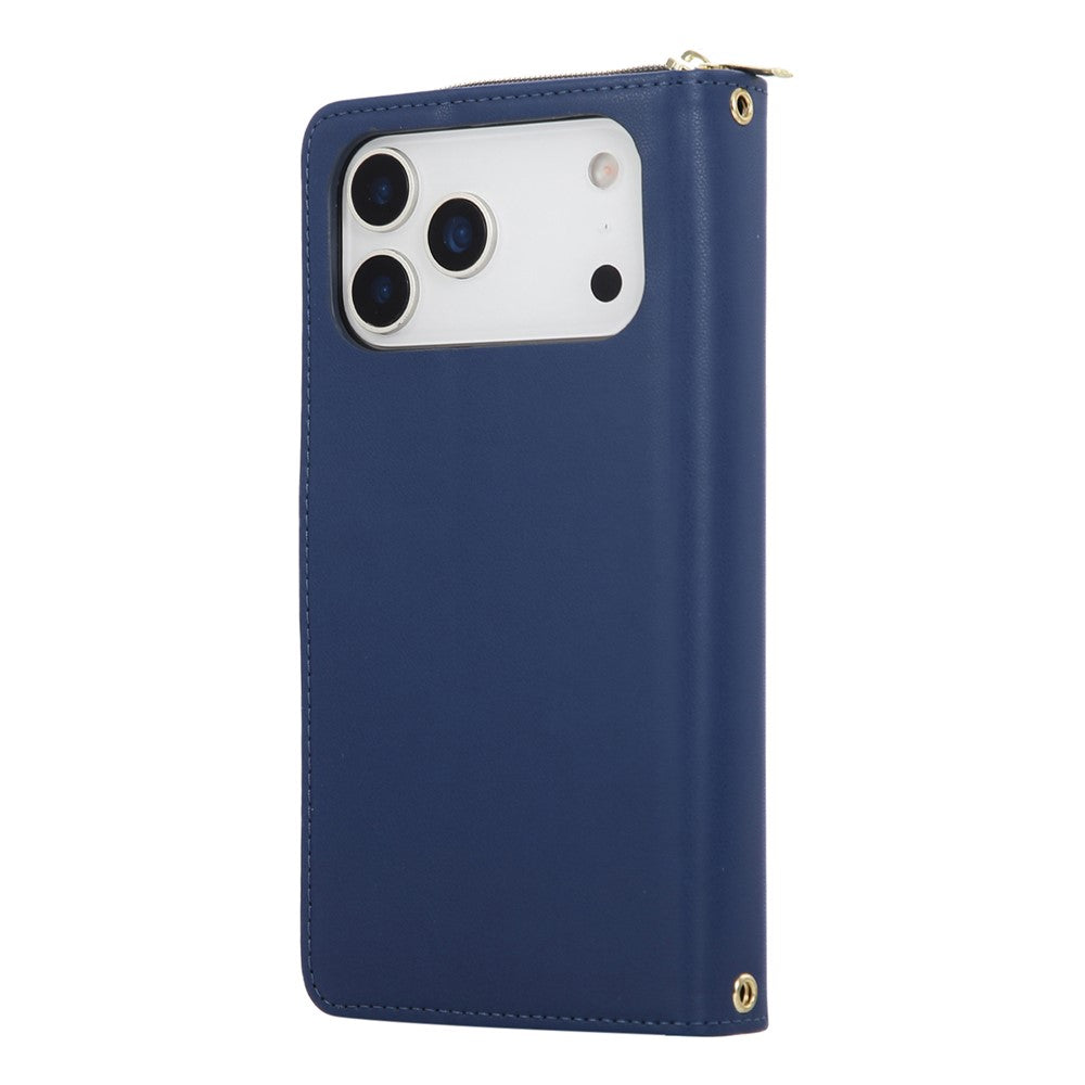 For iPhone 17 Pro Max Case 9 Card Slots Zipper Pocket PU Leather Cover with Wrist Strap - Blue