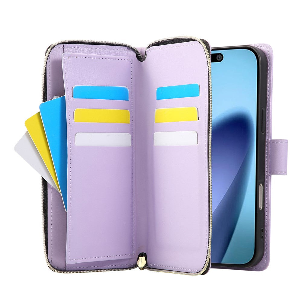 For iPhone 17 Pro Max Case 9 Card Slots Zipper Pocket PU Leather Cover with Wrist Strap - Light Purple