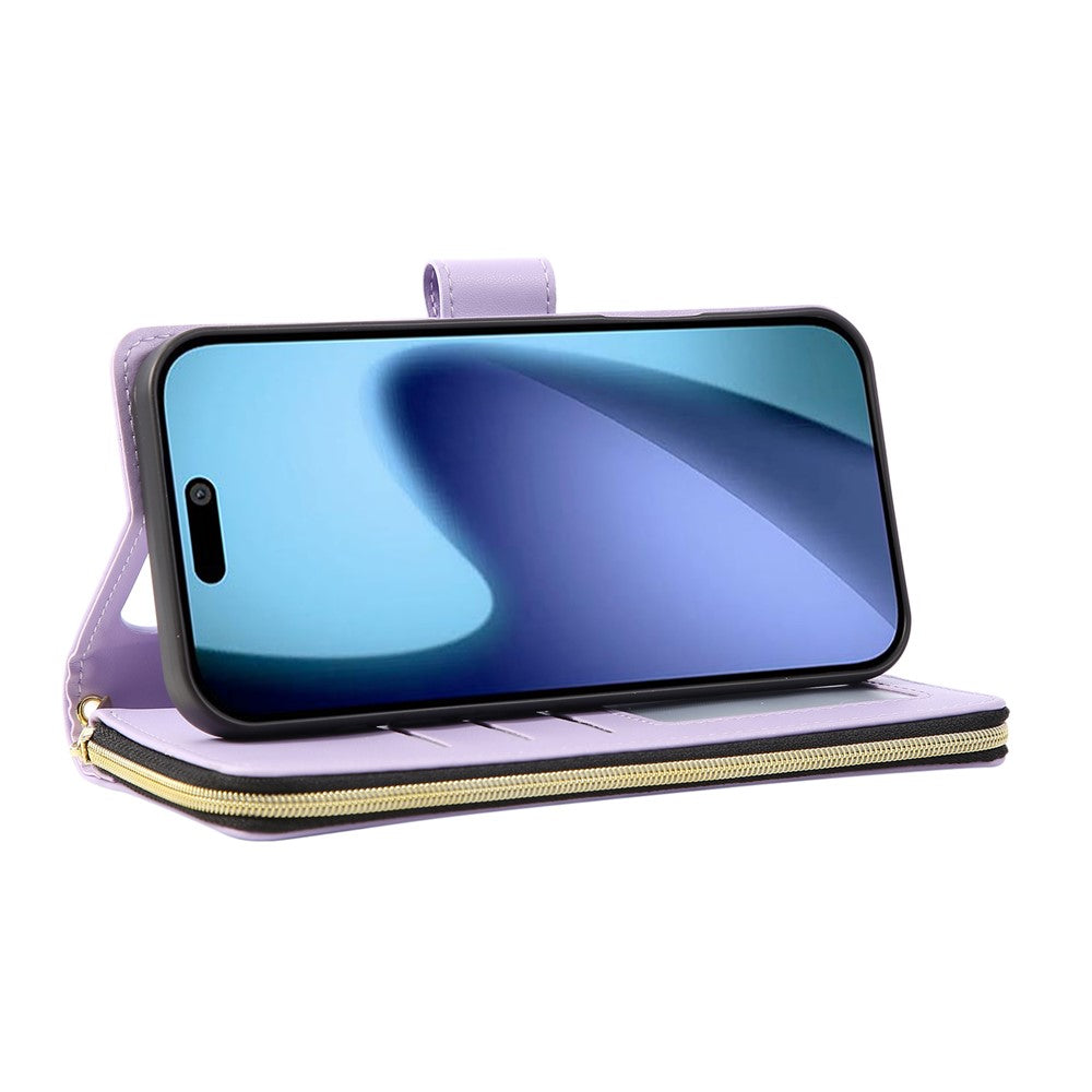 For iPhone 17 Pro Max Case 9 Card Slots Zipper Pocket PU Leather Cover with Wrist Strap - Light Purple