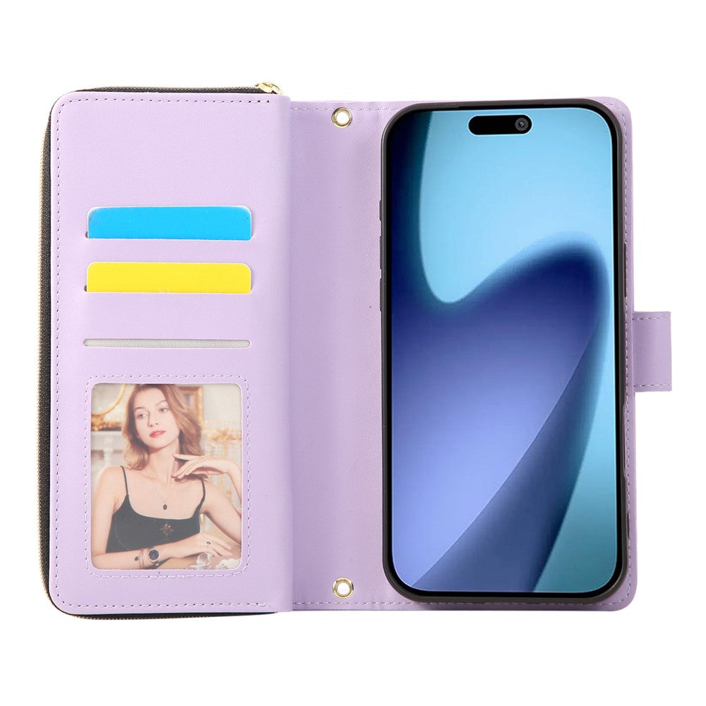 For iPhone 17 Pro Max Case 9 Card Slots Zipper Pocket PU Leather Cover with Wrist Strap - Light Purple