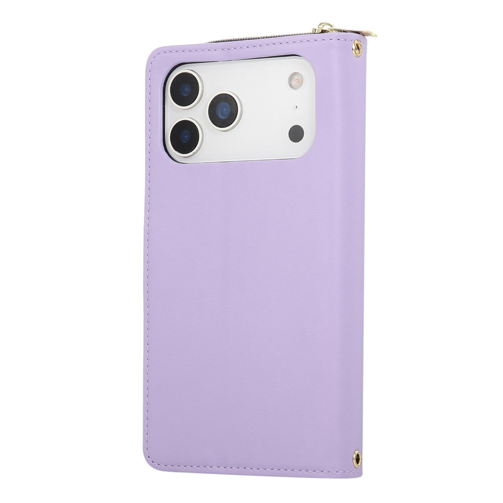 For iPhone 17 Pro Max Case 9 Card Slots Zipper Pocket PU Leather Cover with Wrist Strap - Light Purple