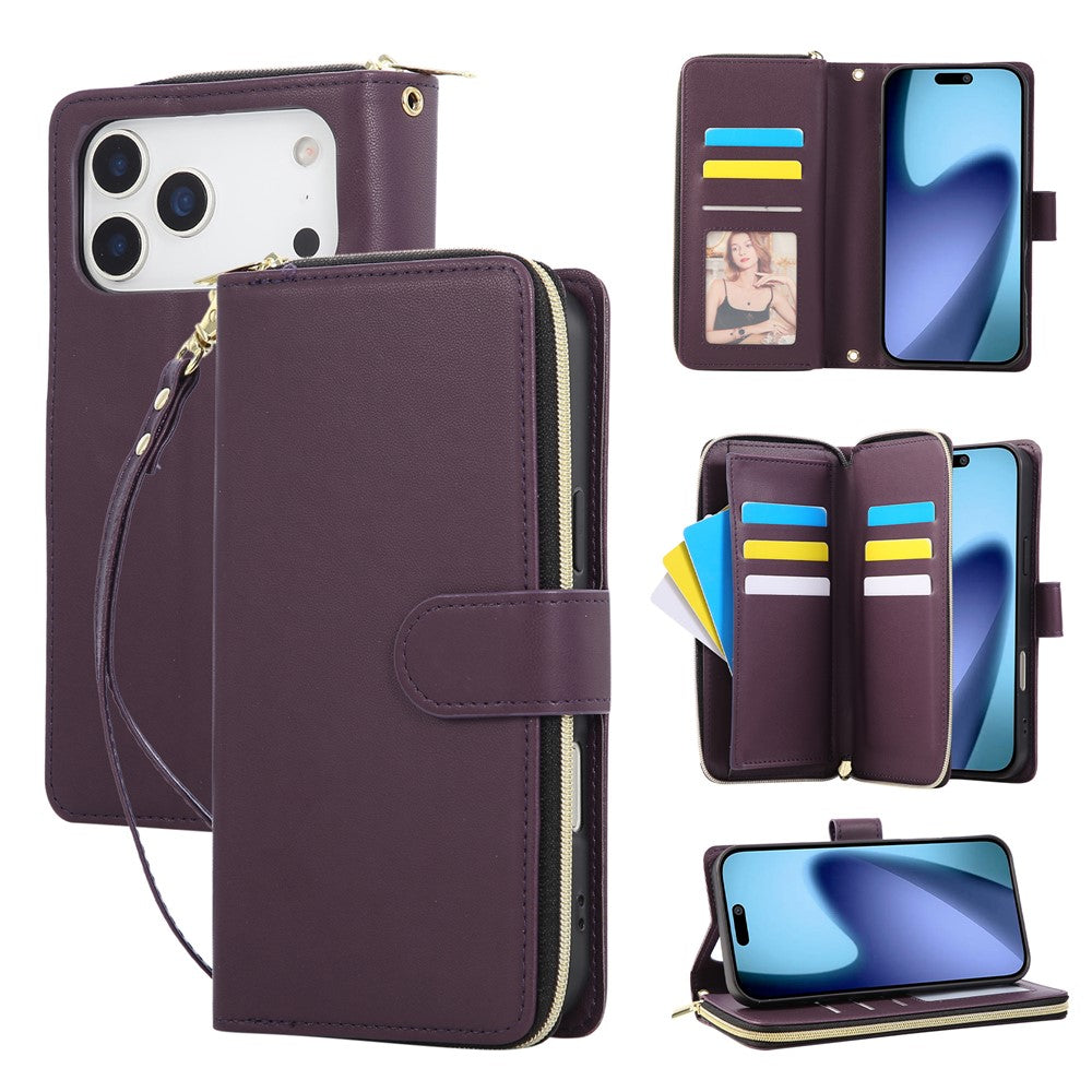For iPhone 17 Pro Max Case 9 Card Slots Zipper Pocket PU Leather Cover with Wrist Strap - Dark Purple