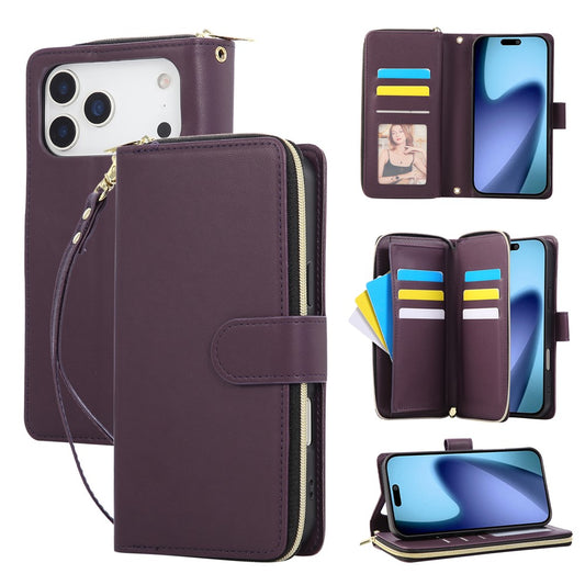 For iPhone 17 Pro Max Case 9 Card Slots Zipper Pocket PU Leather Cover with Wrist Strap - Dark Purple