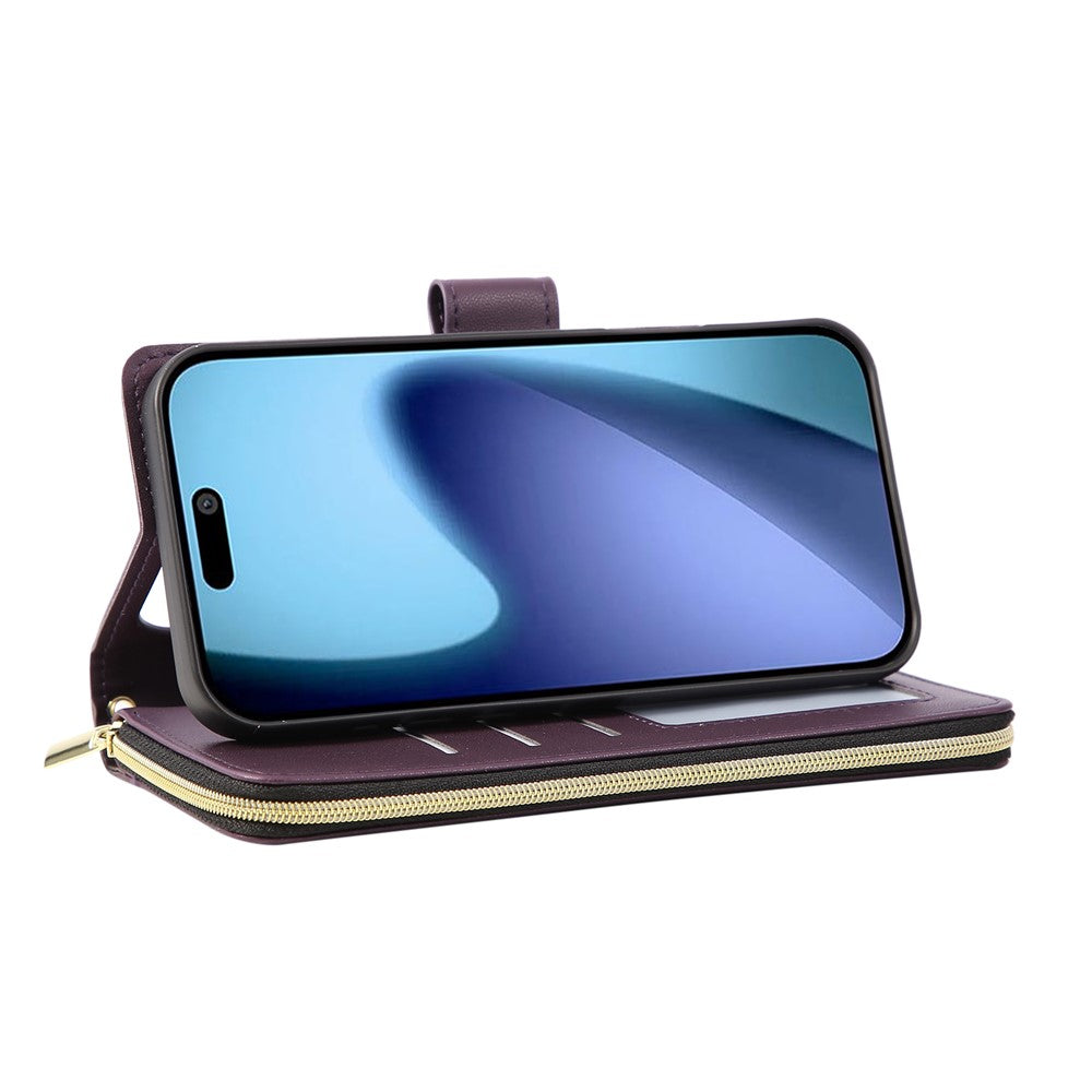 For iPhone 17 Pro Max Case 9 Card Slots Zipper Pocket PU Leather Cover with Wrist Strap - Dark Purple