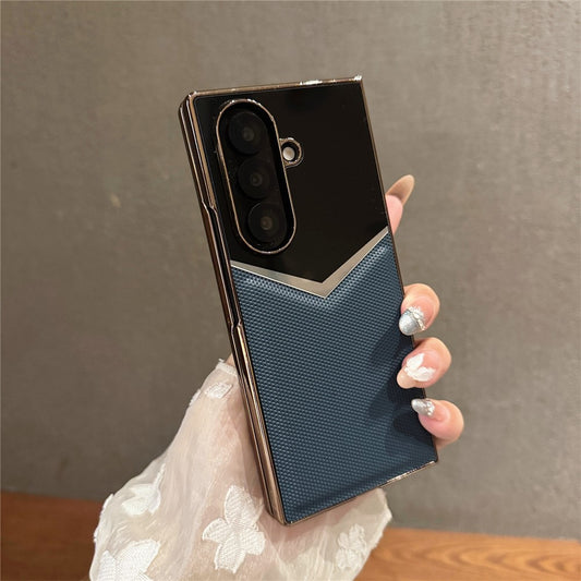 For Samsung Galaxy Z Fold7 5G Case Genuine Cow Leather + PC Contrast Design Phone Cover with Screen Protector - Dark Blue