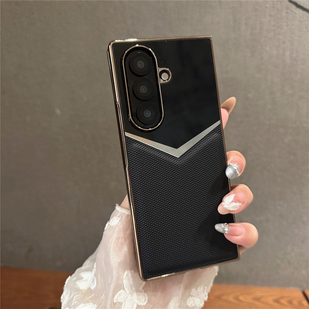 For Samsung Galaxy Z Fold7 5G Case Genuine Cow Leather + PC Contrast Design Phone Cover with Screen Protector - Black