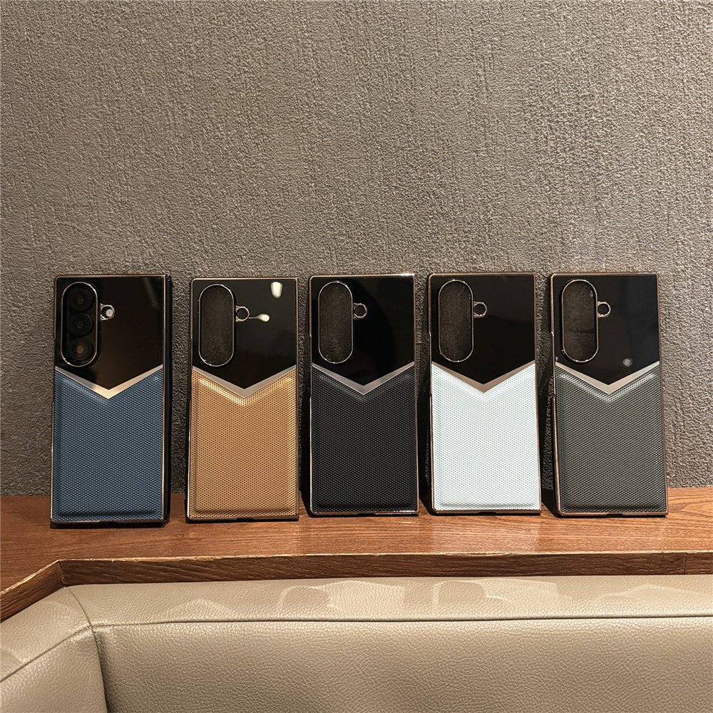 For Samsung Galaxy Z Fold7 5G Case Genuine Cow Leather + PC Contrast Design Phone Cover with Screen Protector - Desert Gold