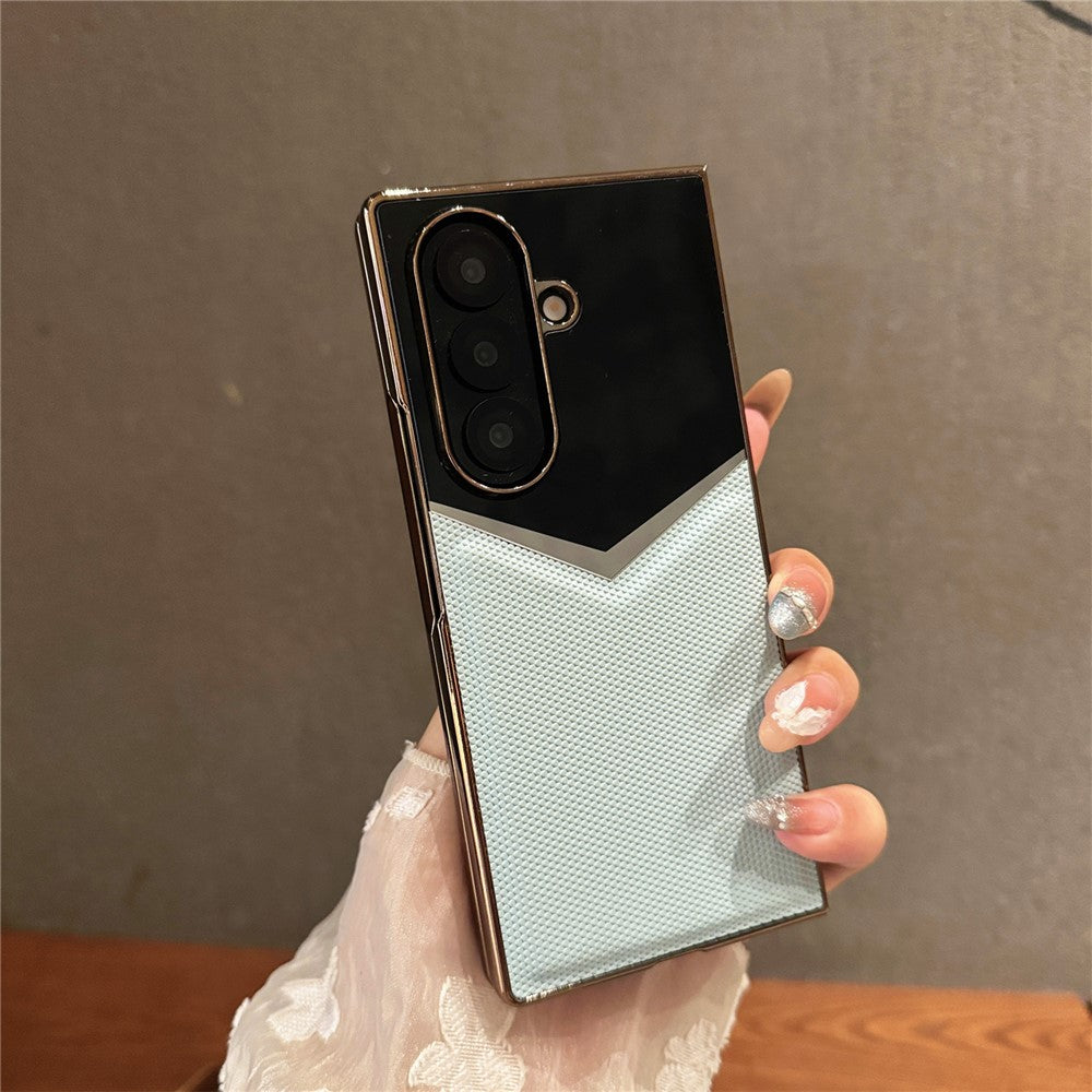 For Samsung Galaxy Z Fold7 5G Case Genuine Cow Leather + PC Contrast Design Phone Cover with Screen Protector - Sky Blue