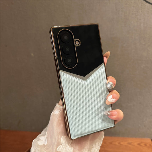 For Samsung Galaxy Z Fold7 5G Case Genuine Cow Leather + PC Contrast Design Phone Cover with Screen Protector - Sky Blue