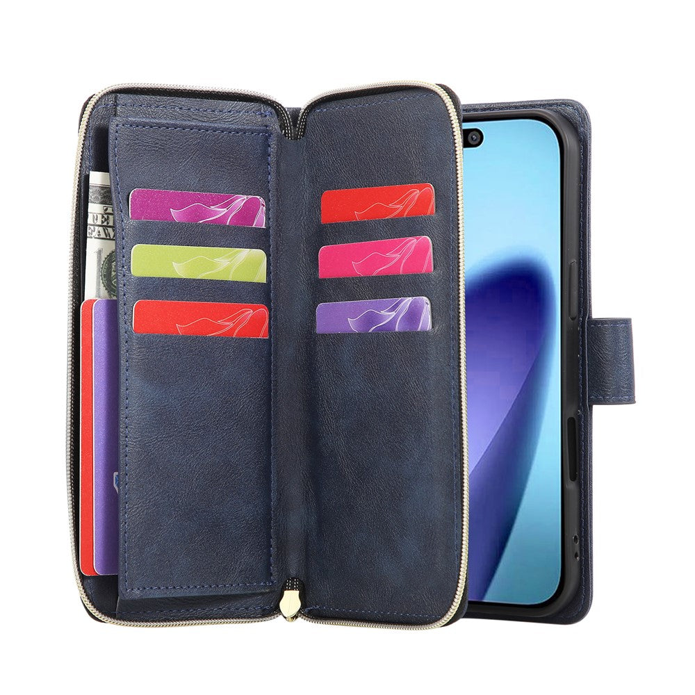 For iPhone 17 Pro Max Case Zipper Pocket 9 Card Slots PU Leather Phone Cover with Hand Strap - Blue