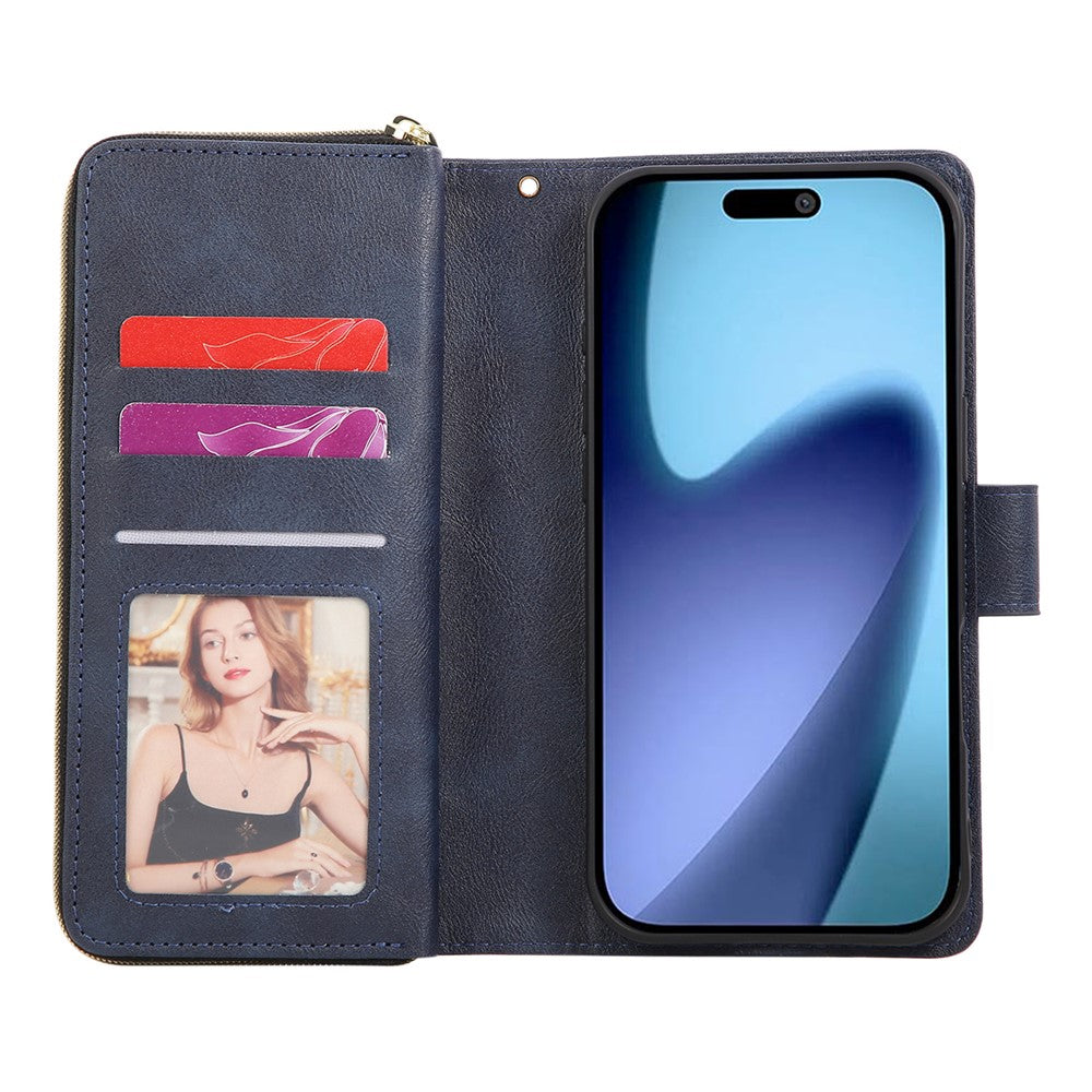 For iPhone 17 Pro Max Case Zipper Pocket 9 Card Slots PU Leather Phone Cover with Hand Strap - Blue