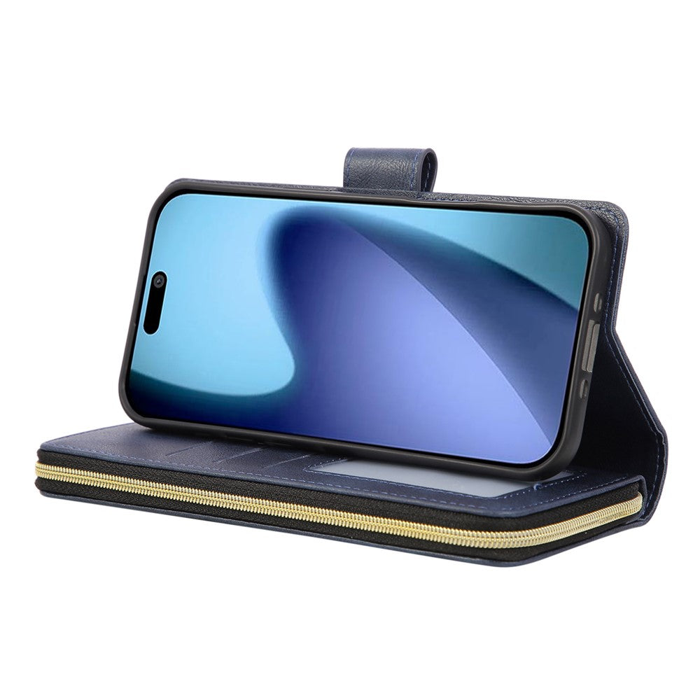 For iPhone 17 Pro Max Case Zipper Pocket 9 Card Slots PU Leather Phone Cover with Hand Strap - Blue