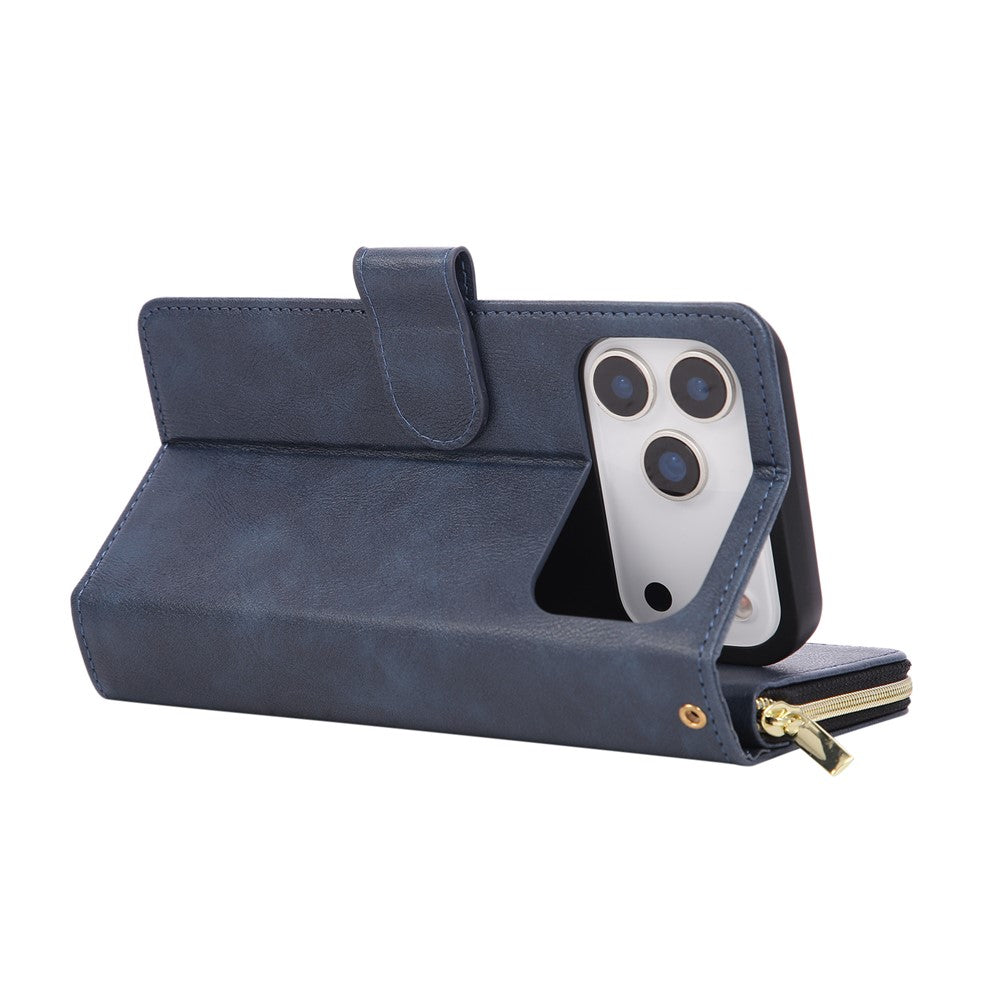 For iPhone 17 Pro Max Case Zipper Pocket 9 Card Slots PU Leather Phone Cover with Hand Strap - Blue