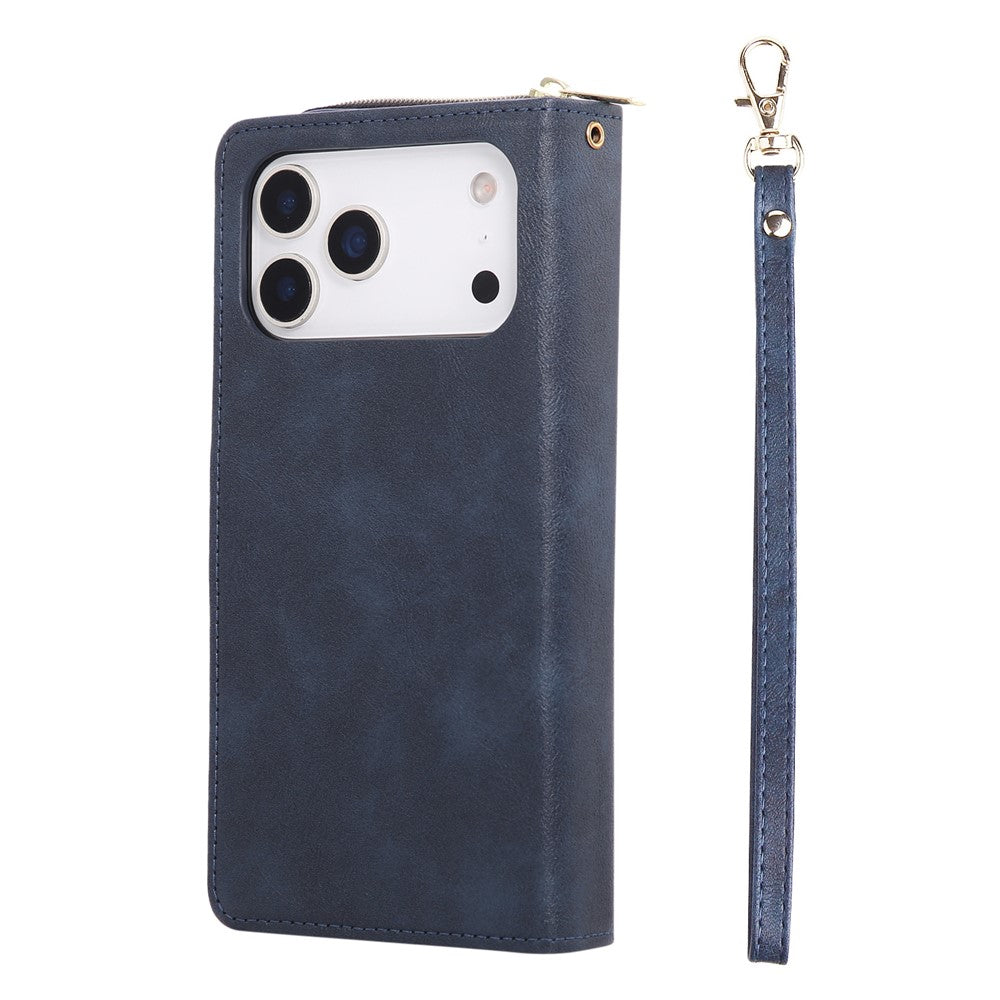 For iPhone 17 Pro Max Case Zipper Pocket 9 Card Slots PU Leather Phone Cover with Hand Strap - Blue