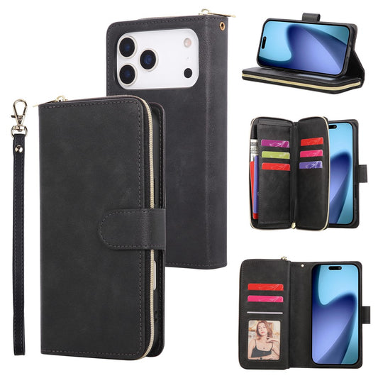 For iPhone 17 Pro Max Case Zipper Pocket 9 Card Slots PU Leather Phone Cover with Hand Strap - Black