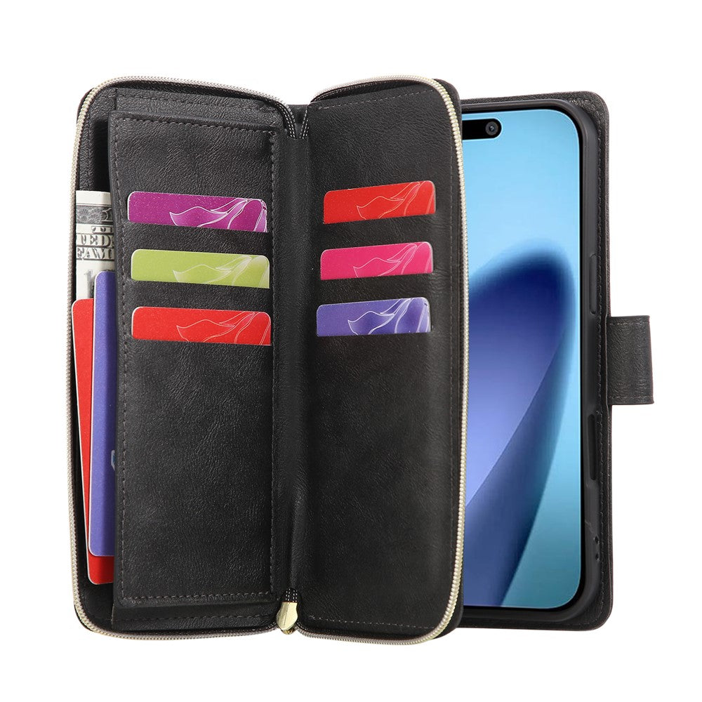 For iPhone 17 Pro Max Case Zipper Pocket 9 Card Slots PU Leather Phone Cover with Hand Strap - Black