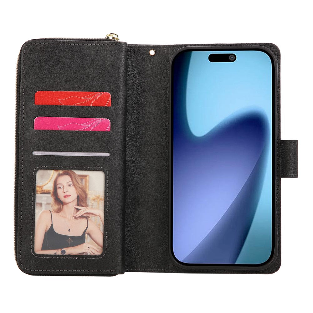 For iPhone 17 Pro Max Case Zipper Pocket 9 Card Slots PU Leather Phone Cover with Hand Strap - Black
