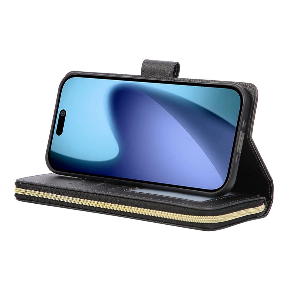 For iPhone 17 Pro Max Case Zipper Pocket 9 Card Slots PU Leather Phone Cover with Hand Strap - Black