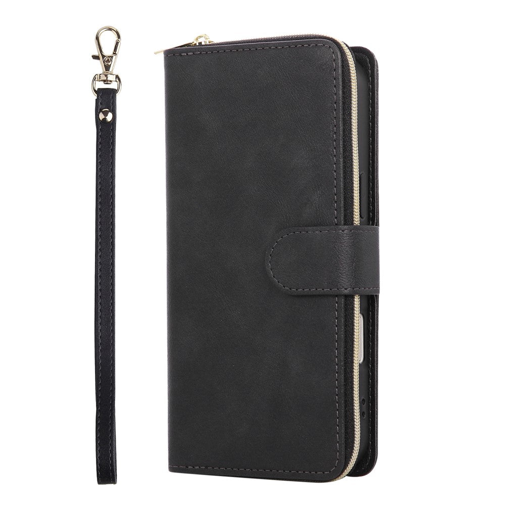 For iPhone 17 Pro Max Case Zipper Pocket 9 Card Slots PU Leather Phone Cover with Hand Strap - Black