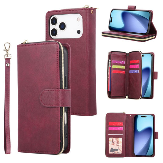 For iPhone 17 Pro Max Case Zipper Pocket 9 Card Slots PU Leather Phone Cover with Hand Strap - Wine Red