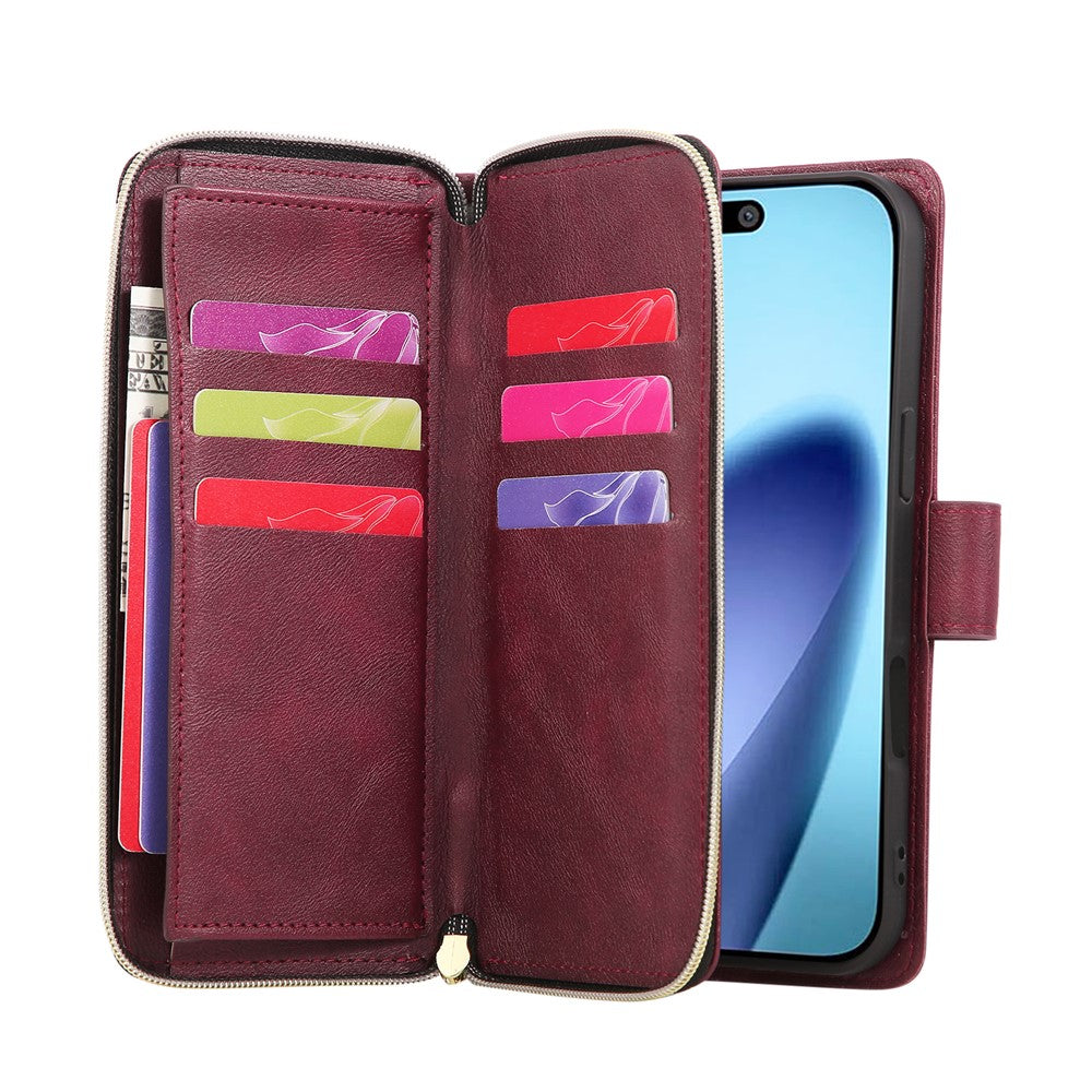 For iPhone 17 Pro Max Case Zipper Pocket 9 Card Slots PU Leather Phone Cover with Hand Strap - Wine Red