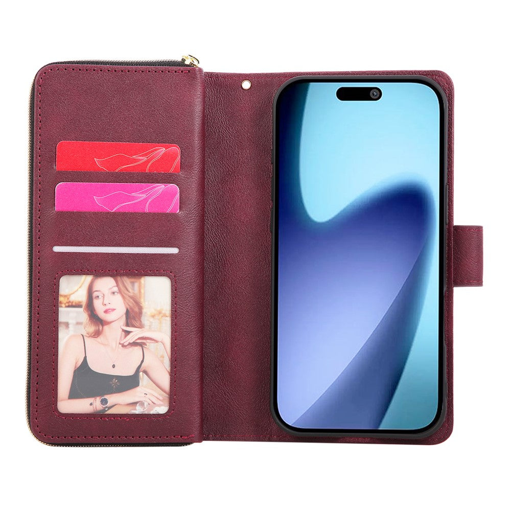For iPhone 17 Pro Max Case Zipper Pocket 9 Card Slots PU Leather Phone Cover with Hand Strap - Wine Red