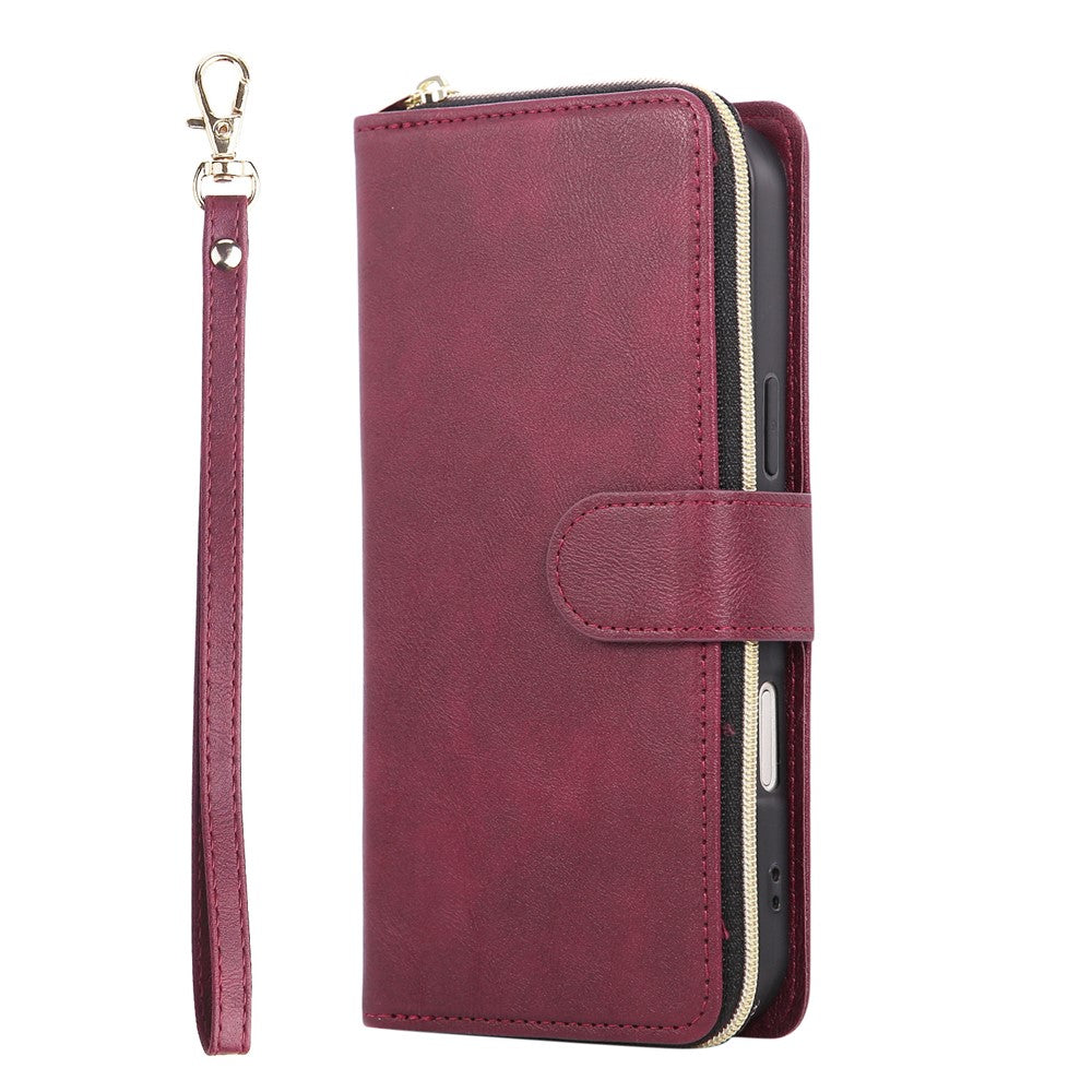 For iPhone 17 Pro Max Case Zipper Pocket 9 Card Slots PU Leather Phone Cover with Hand Strap - Wine Red