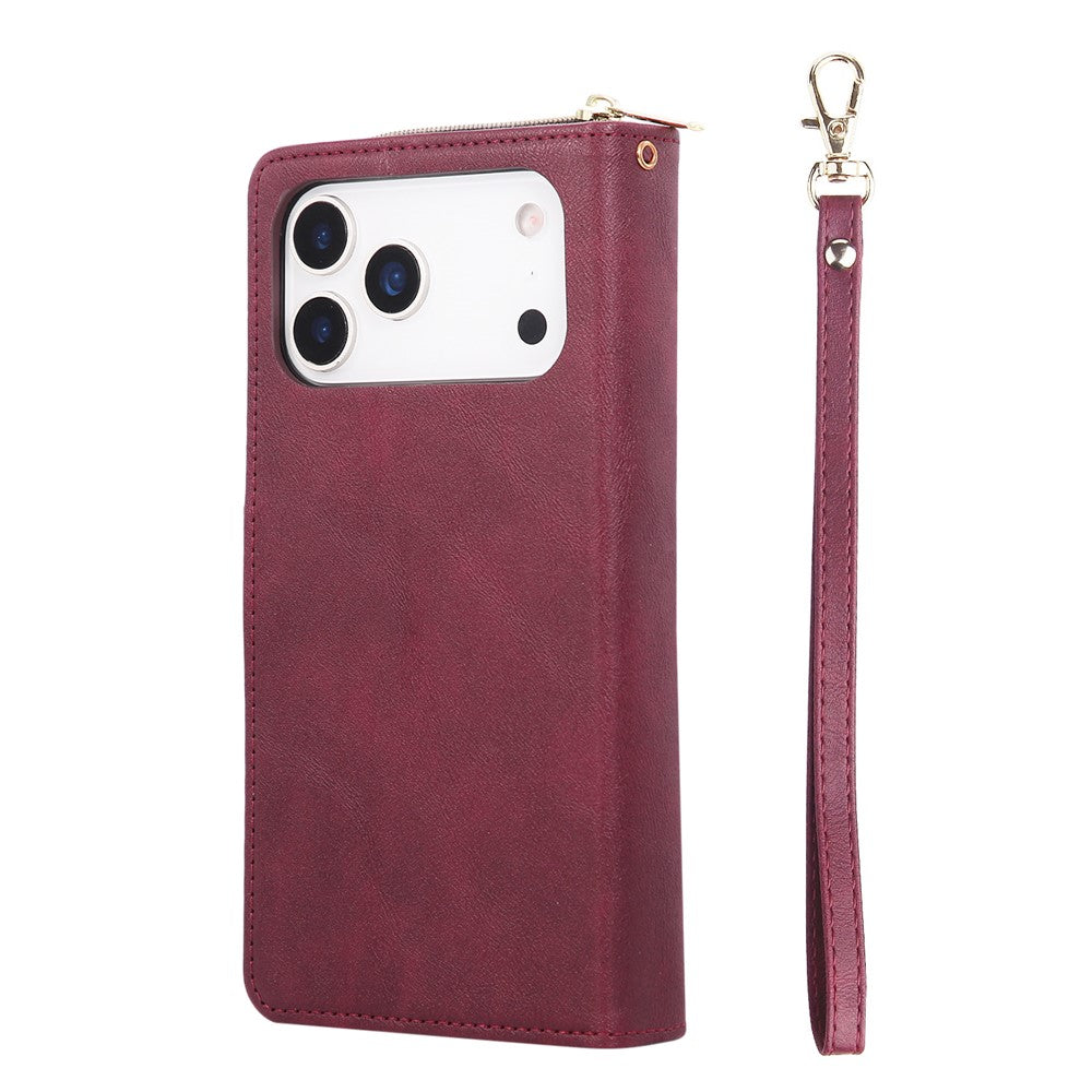 For iPhone 17 Pro Max Case Zipper Pocket 9 Card Slots PU Leather Phone Cover with Hand Strap - Wine Red