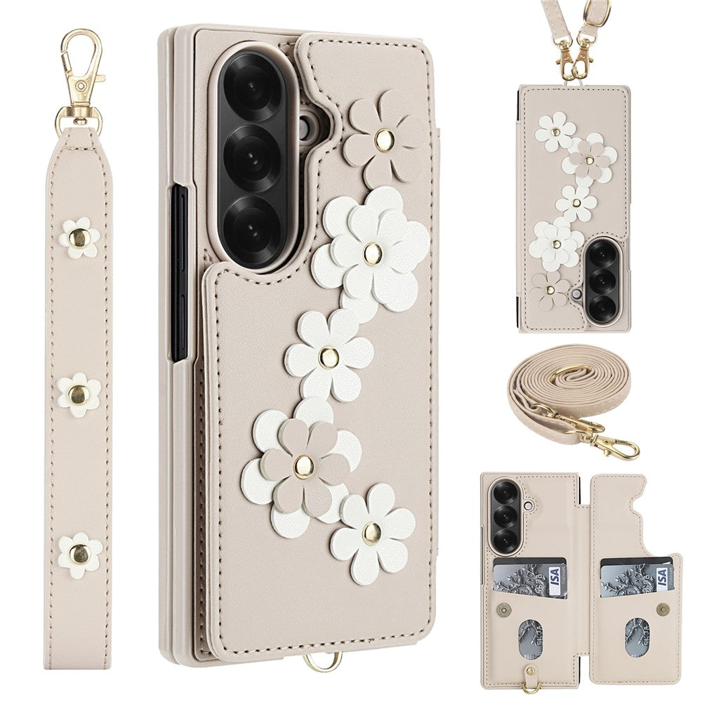 For Samsung Galaxy Z Fold7 5G Case Card Slots Leather Coated TPU Flower Phone Cover with 2 Straps - Beige