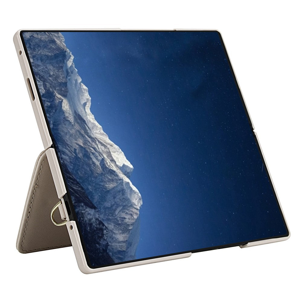 For Samsung Galaxy Z Fold7 5G Case Card Slots Leather Coated TPU Flower Phone Cover with 2 Straps - Beige