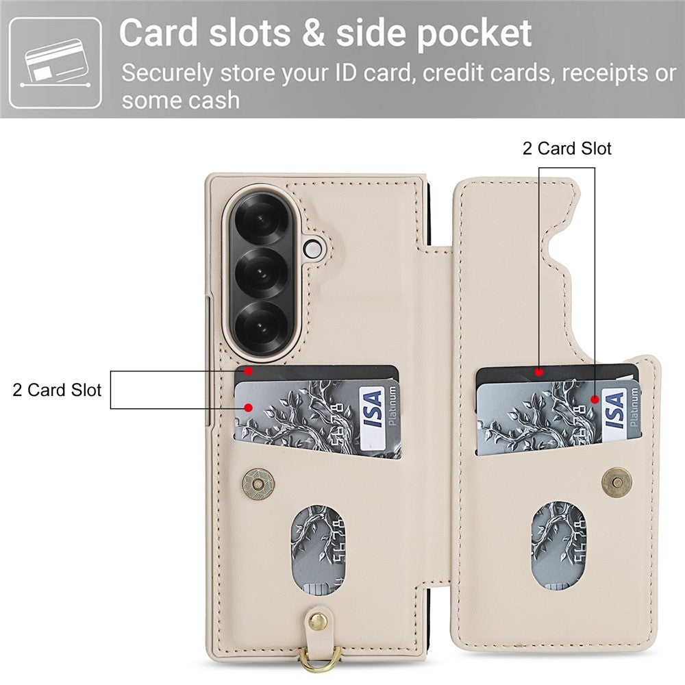For Samsung Galaxy Z Fold7 5G Case Card Slots Leather Coated TPU Flower Phone Cover with 2 Straps - Beige